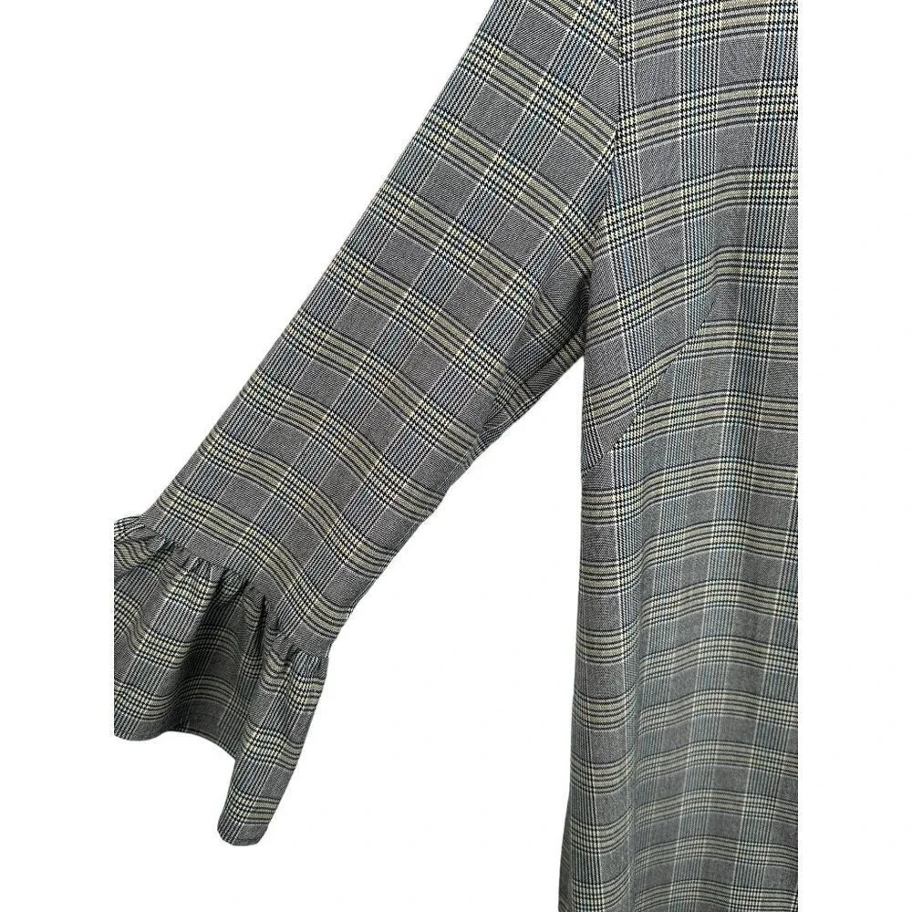 White‎ House Black Market Grey Plaid Ruffle Sleeve Shift Dress Size 8